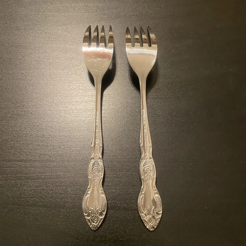 VTG LUSTREWARE Korea Stainless ROSE 7pc Flatware Fork Spoon Knife & Serving Fork